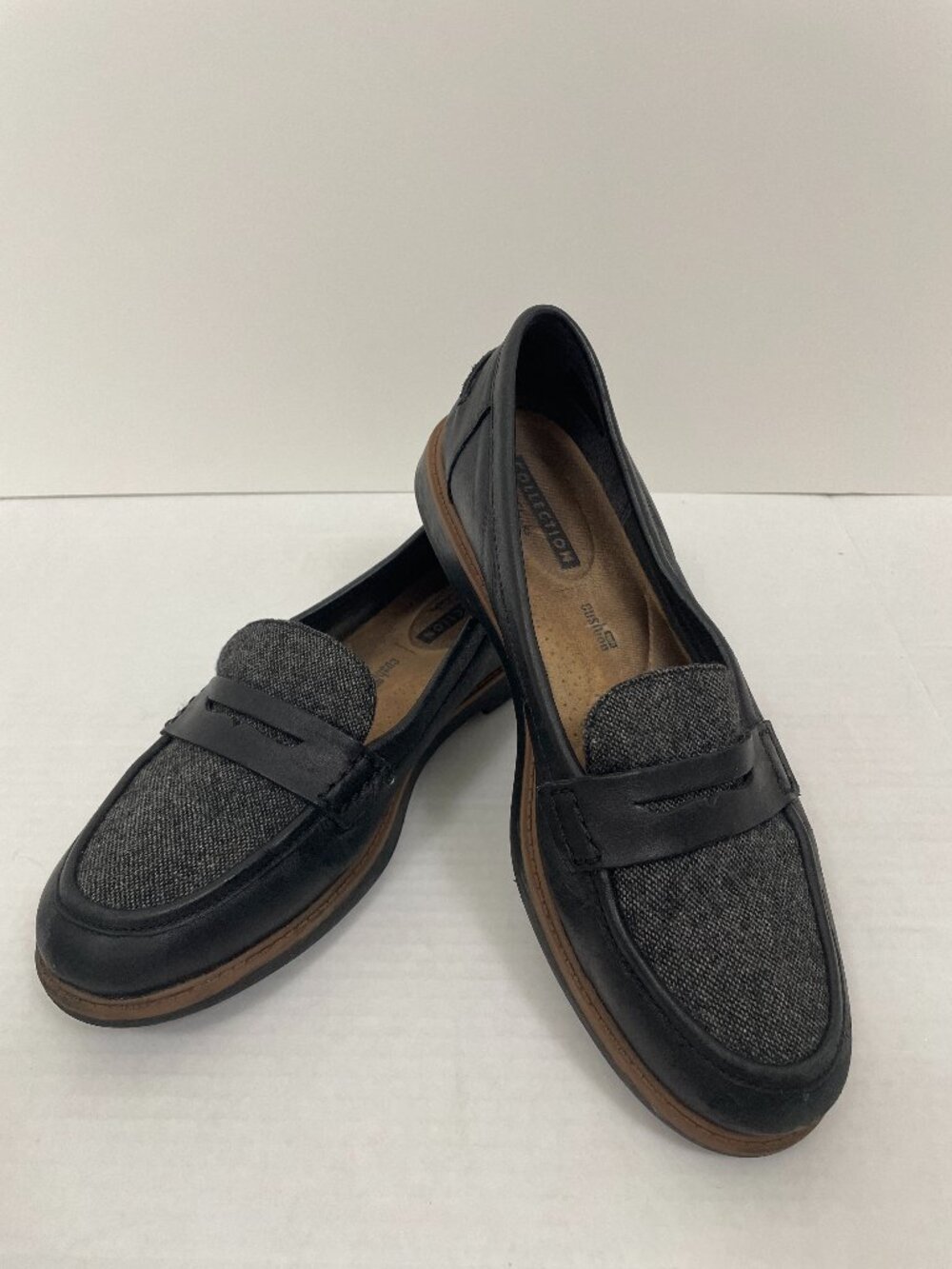 Women’s Clarks Raisie Eletta Penny Loafers Black with Grey Tweed Size : 9